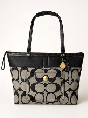 Coach Signature Tote Shoulder Bag Black Ivory Khaki Jacquard 2008